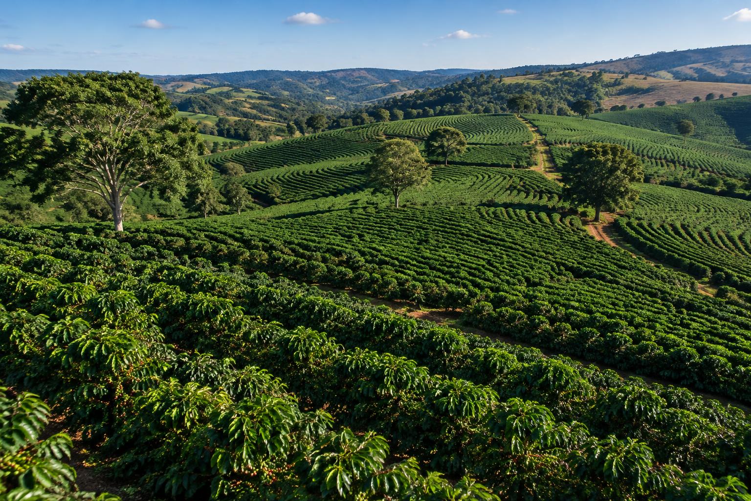 Imagem ilustrativa de uma cafeicultura em fileiras sobre colinas verdes